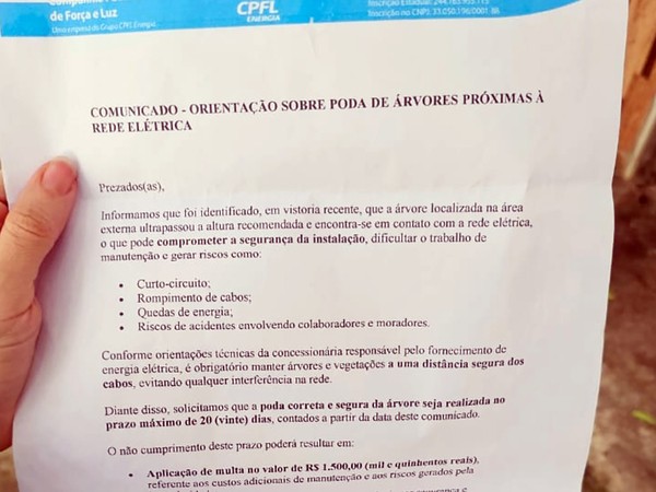 Falsa notificação sobre poda de árvore vira golpe em Nova Odessa